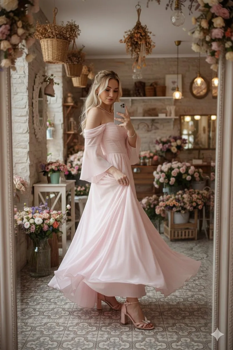 Dreamy floral cafe pink fairy dress selfie — After
