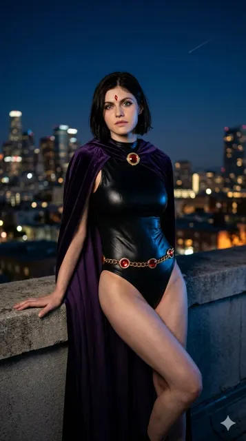 Raven cosplay urban rooftop night cinematic