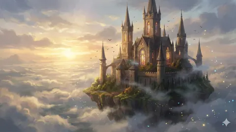 Epic fantasy castle above clouds