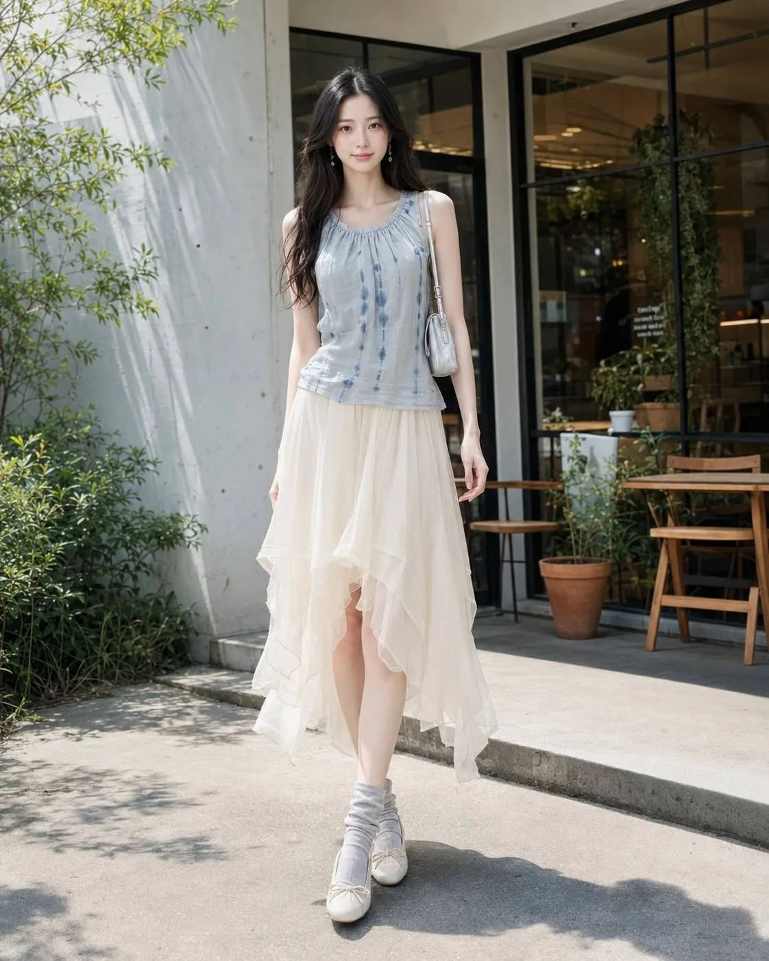 Mist gray silk blouse ivory chiffon skirt outfit — After