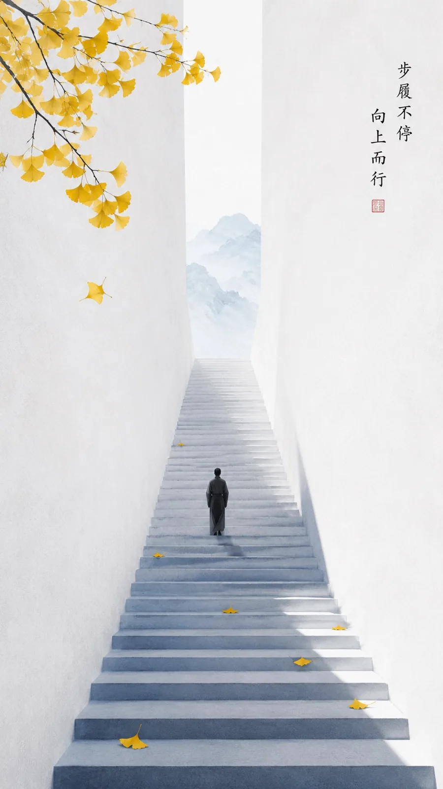 Oriental zen minimalist autumn ginkgo staircase — Sonra