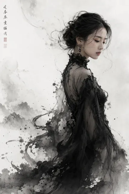 Luxury fashion ink wash editorial portrait