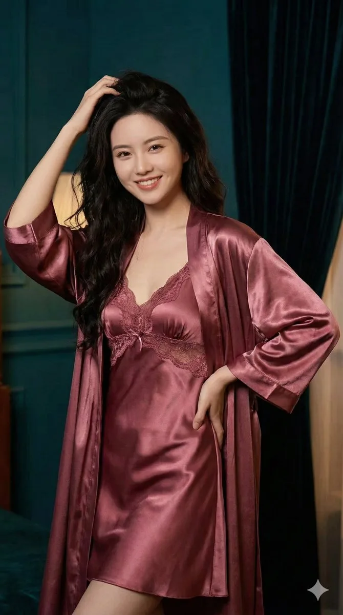 Black haired beauty in silk nightgown — After