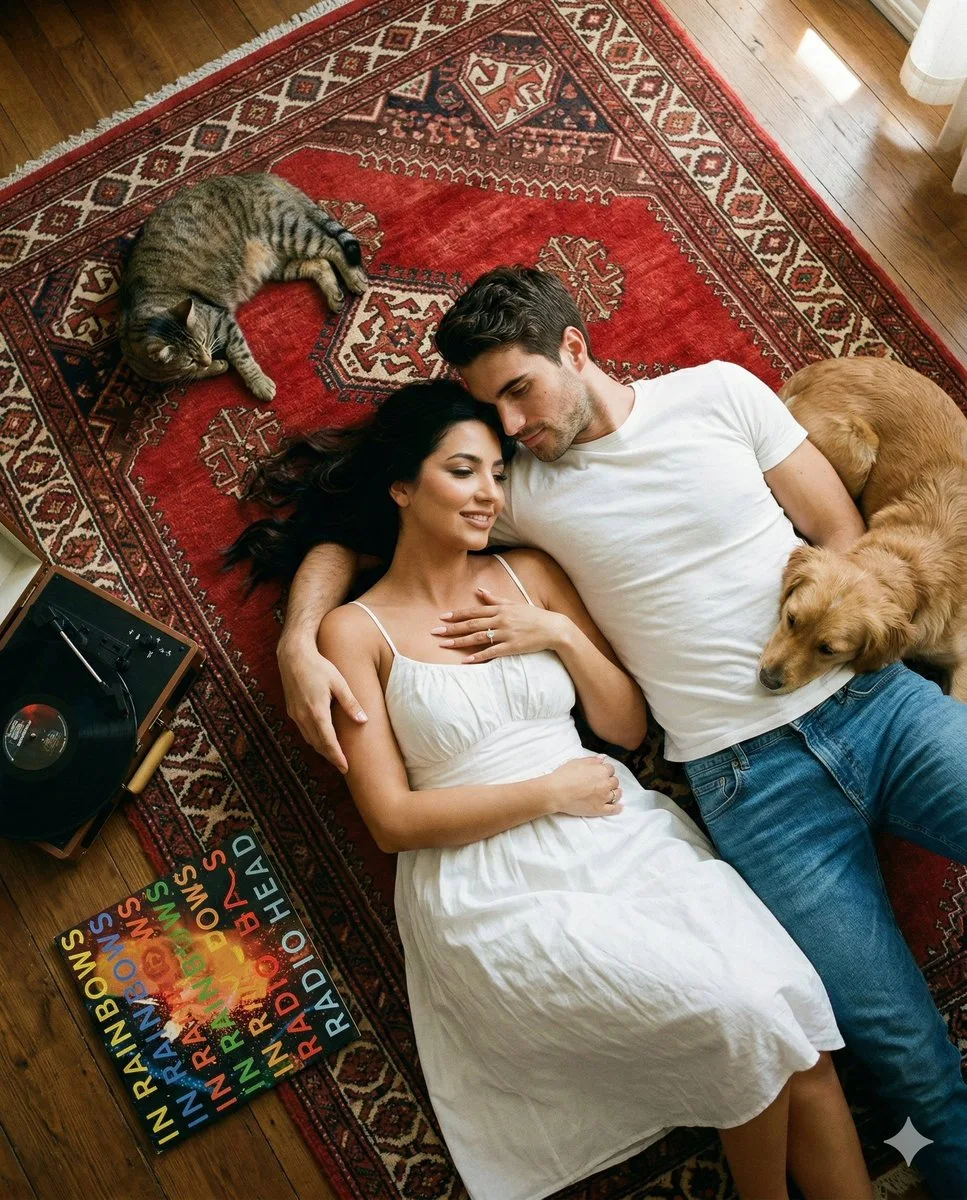 Top view cozy couple rug — After