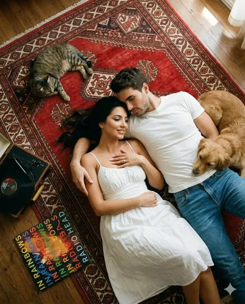 Top view cozy couple rug