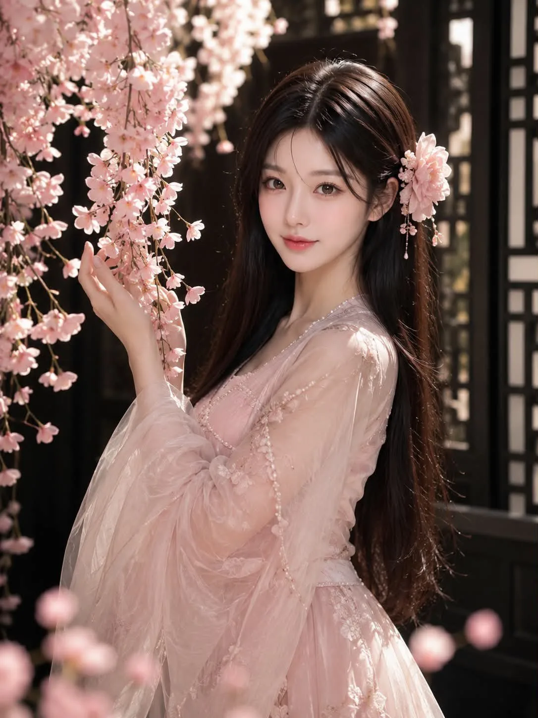 Pink hanfu cherry blossom portrait — Sonra