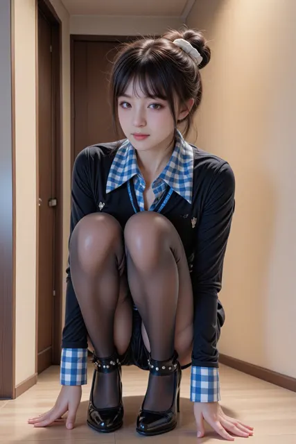 Modern indoor crouching east asian woman fashion photography
