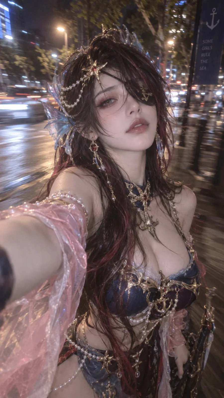 Night street ocean goddess selfie cosplay — Sonra