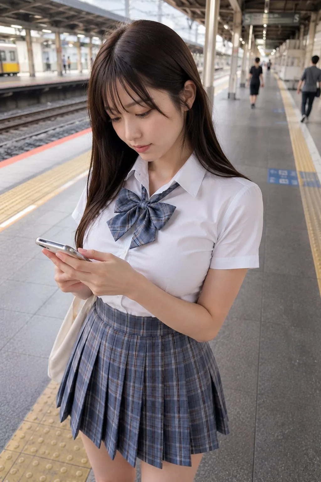 Japanese woman train station candid photo prompt — After