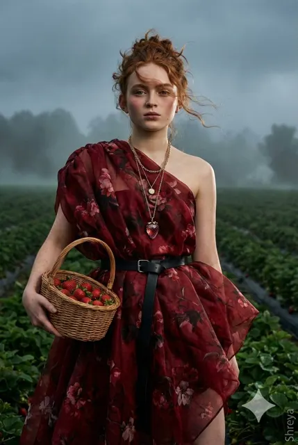 Moody strawberry field portrait