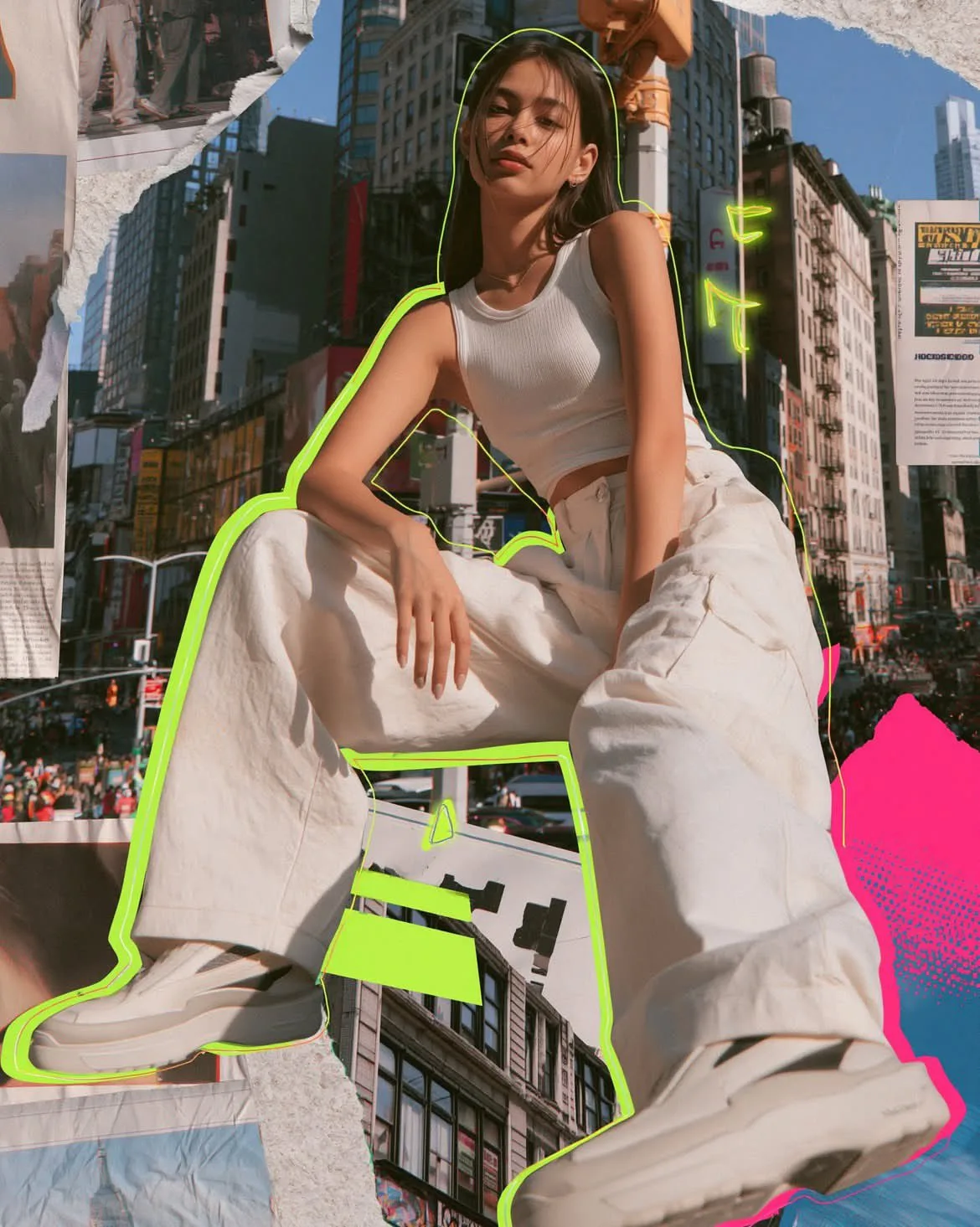 Photorealistic mixed media fashion collage urban woman — Sonra
