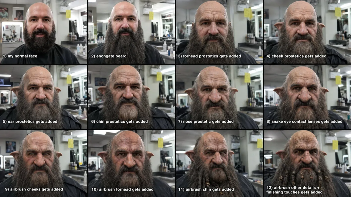 Fantasy dwarf makeup step by step grid — After