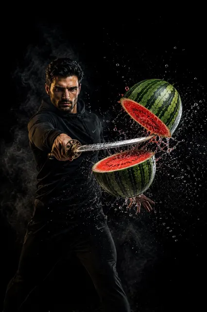 Cinematic macro katana fruit action photography