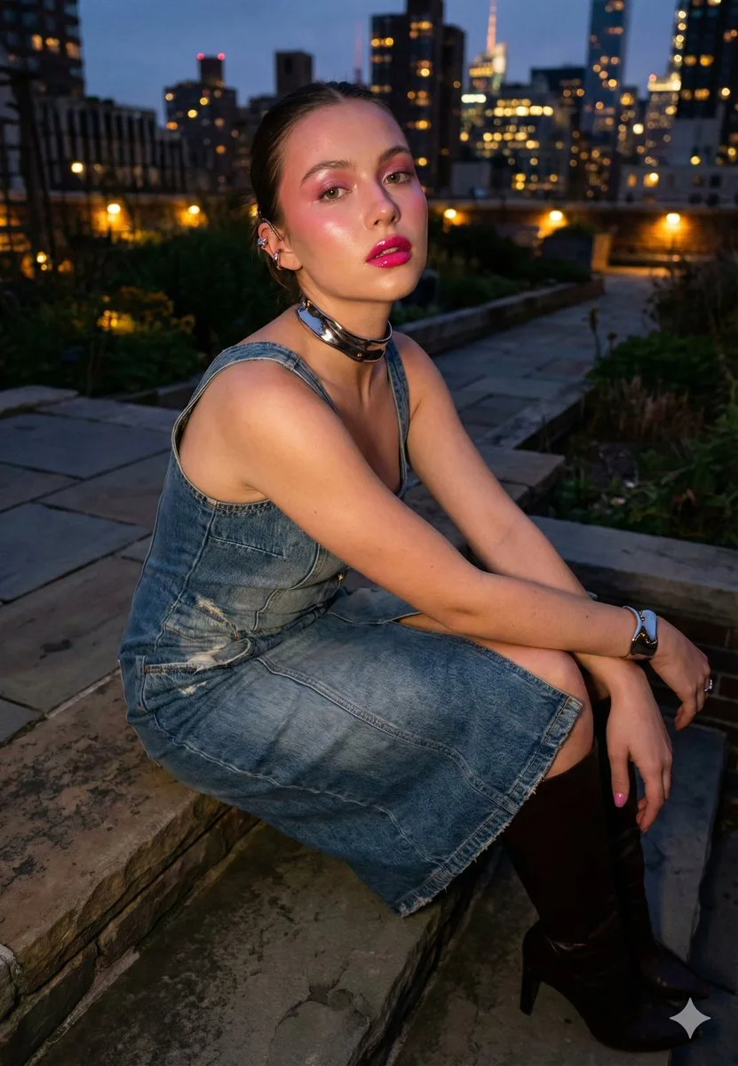 Twilight rooftop denim girl — Sonra