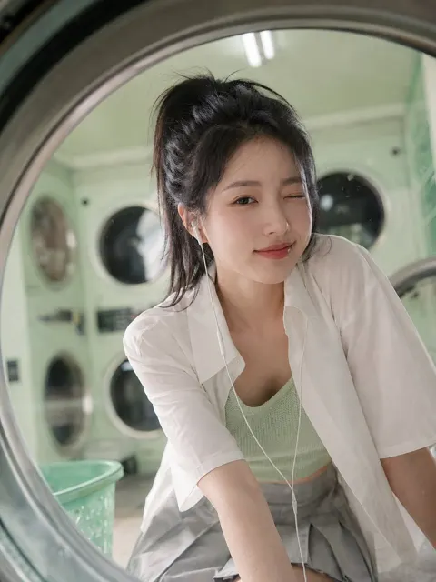 Korean woman mint green laundromat film photography