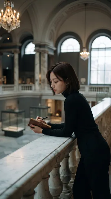 Woman black turtleneck museum atrium portrait