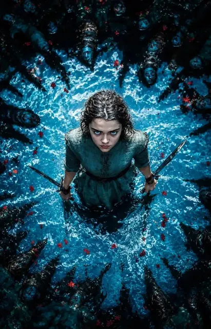 Dark fantasy warrior woman icy water cinematic portrait