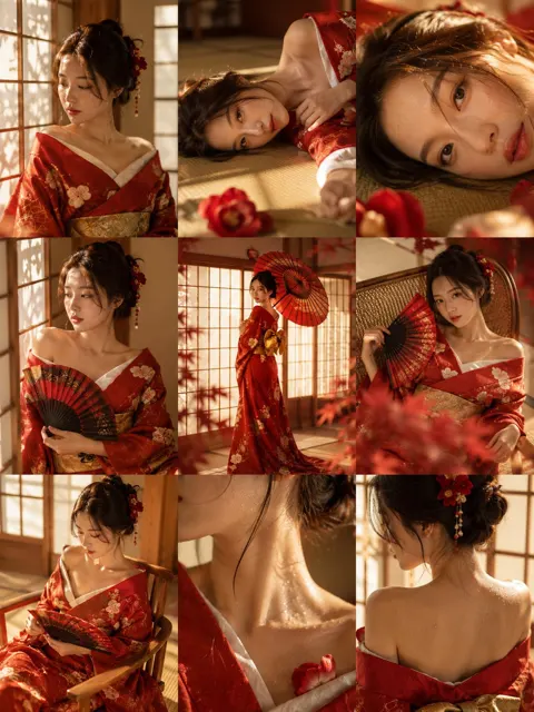 Japanese washitsu warm light crimson kimono portrait