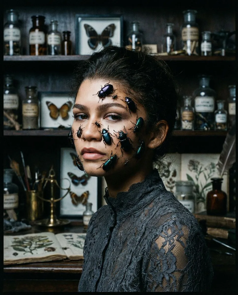 Victorian insect veil surreal portrait — Sonra