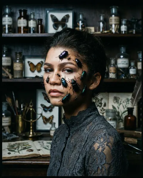 Victorian insect veil surreal portrait