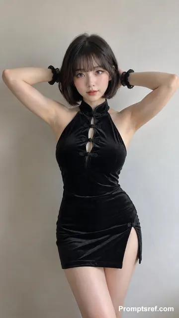 Black velvet modern qipao short bob portrait