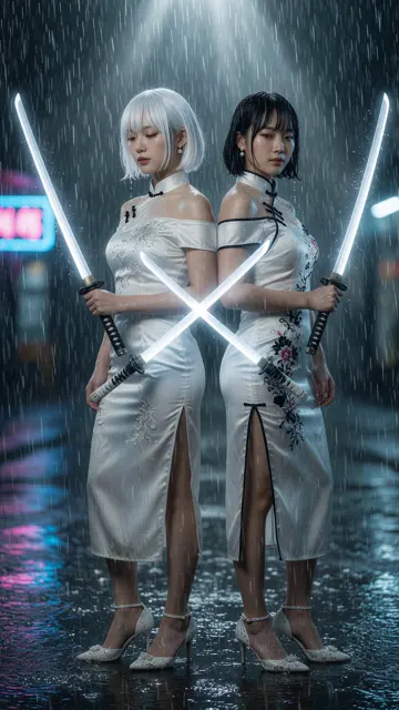 Elegant east asian women qipao katana rain