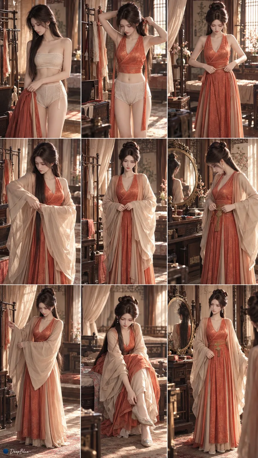 Ancient style red clothing dressing process grid — Sonra