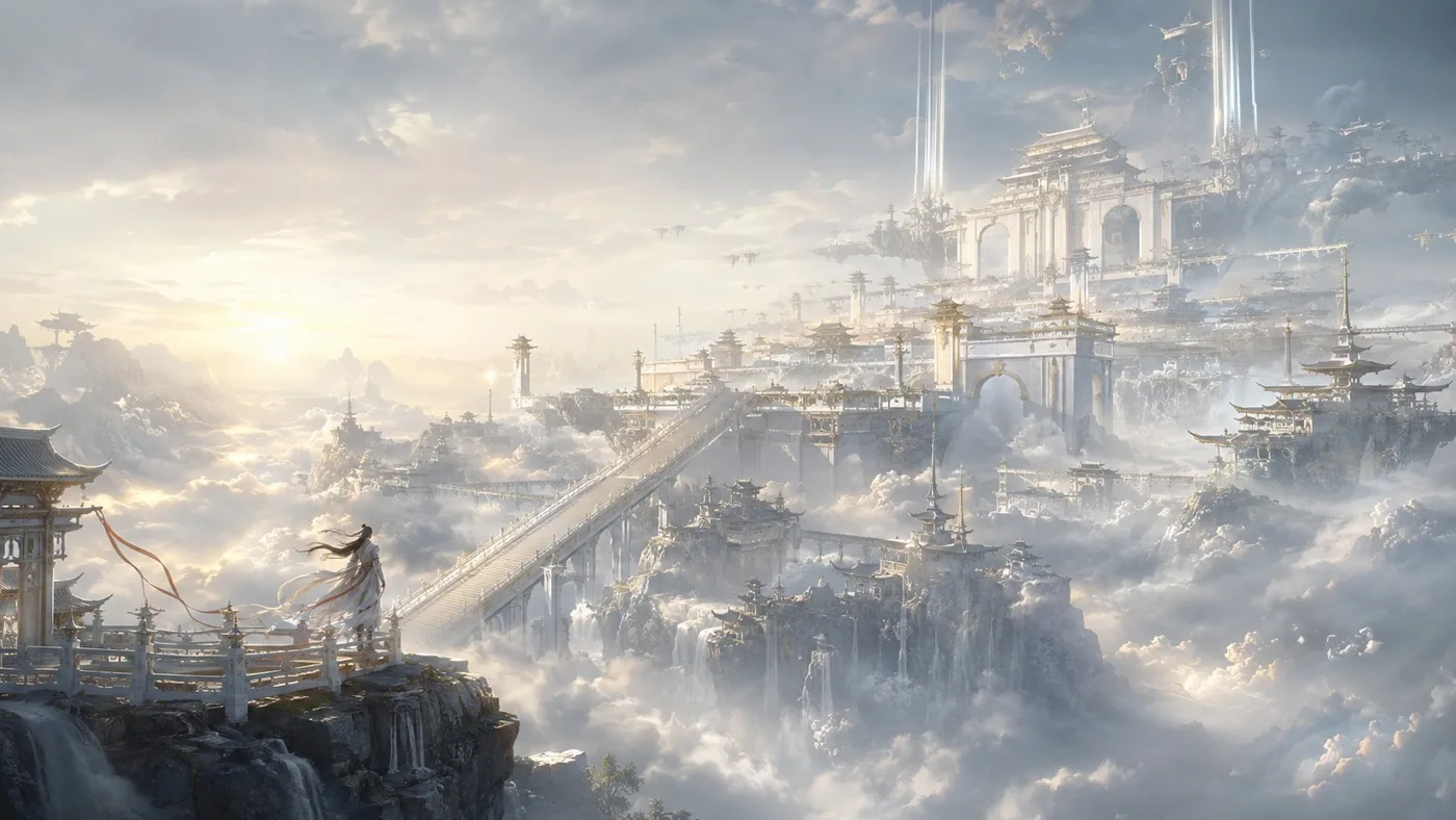 Cyber chinoiserie sky city cinematic prompt — Sonra
