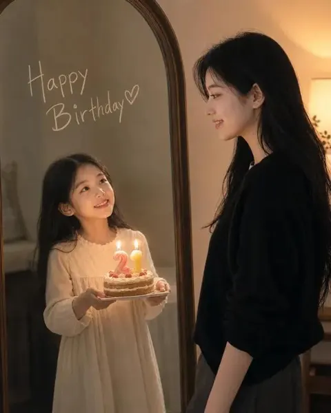 Realistic birthday portrait mirror childhood self