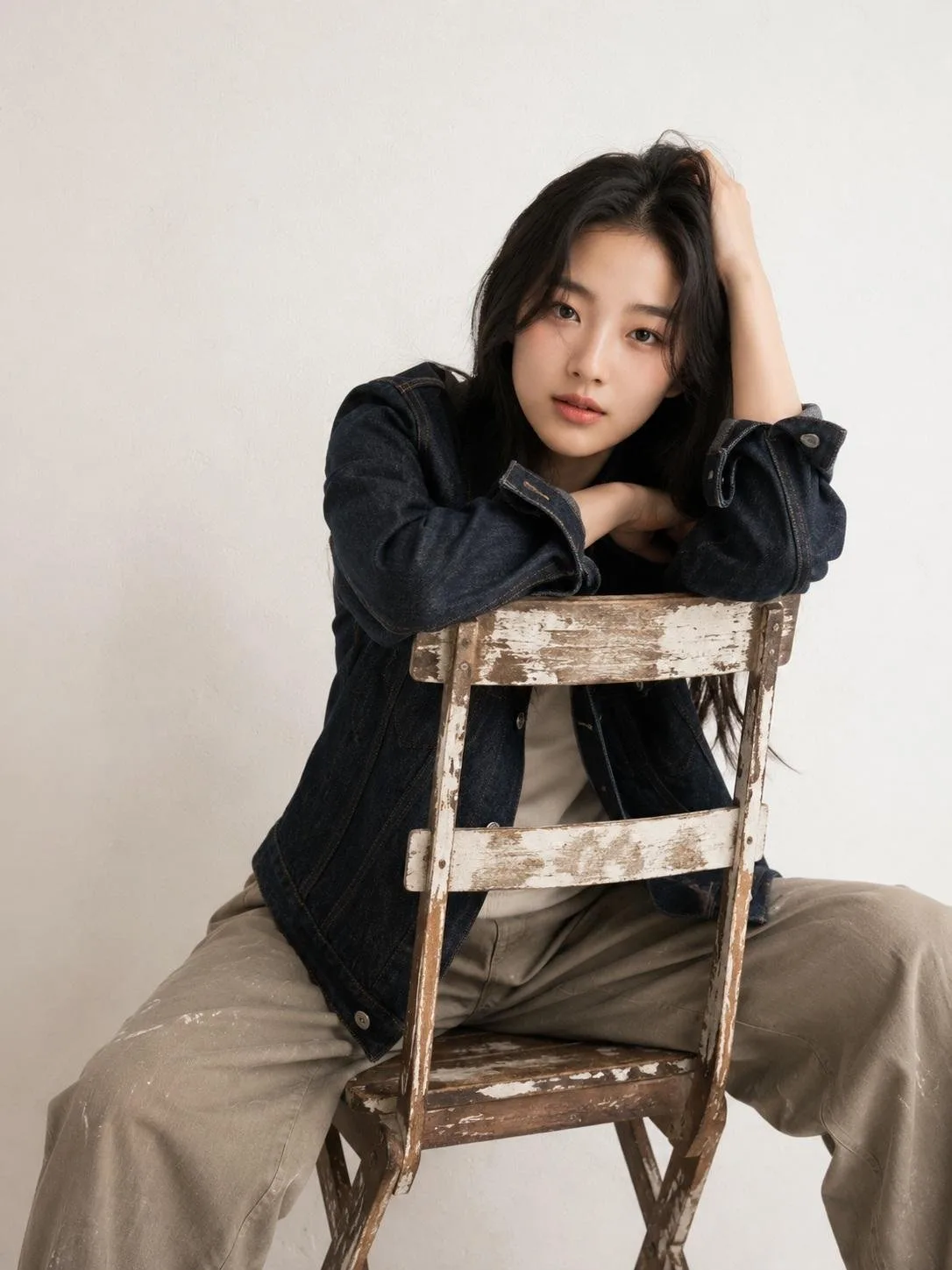 Restrained studio fashion portrait wooden chair prompt — After