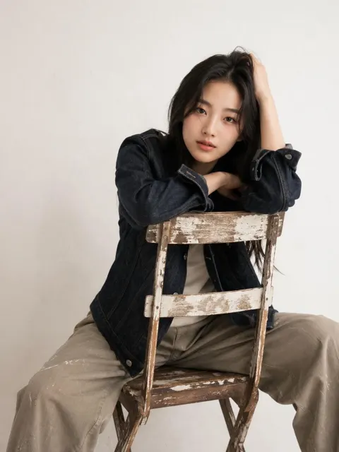 Restrained studio fashion portrait wooden chair prompt