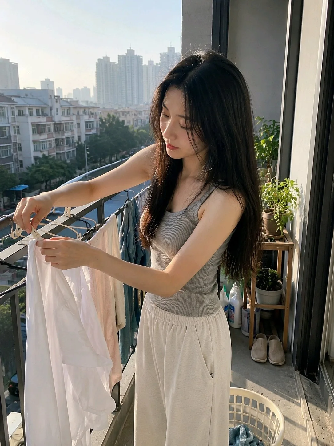 Asian woman hanging laundry balcony morning photography — After