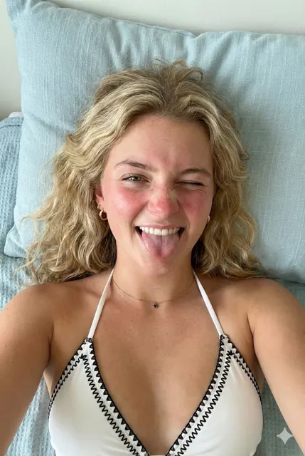 Playful blonde bikini overhead tongue
