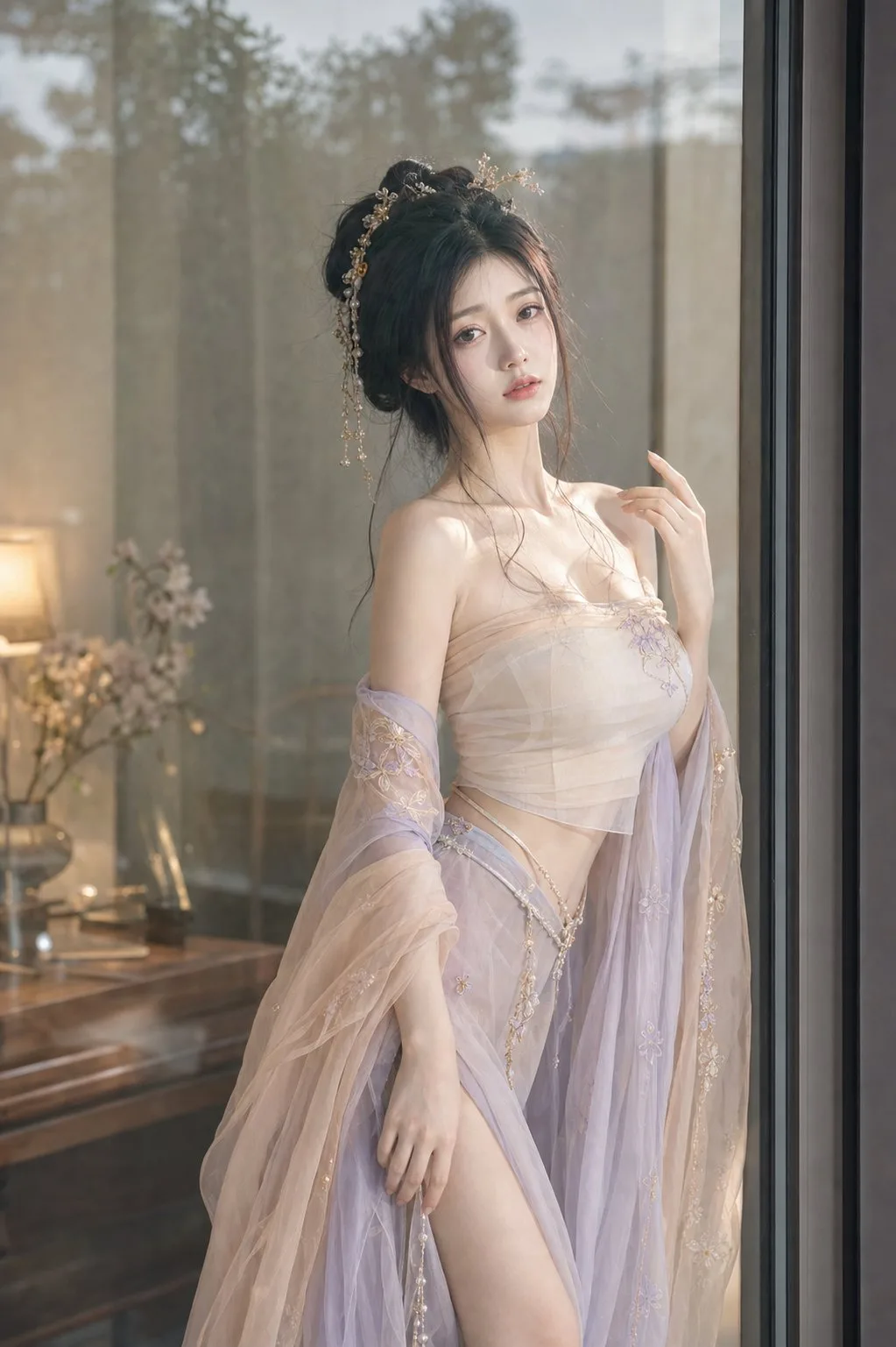 Glass reflection summer hanfu portrait — Sonra