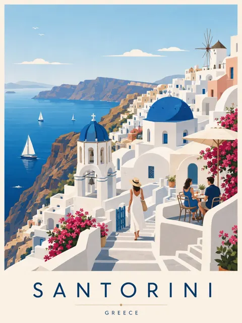 Santorini minimalist vector travel poster illustration
