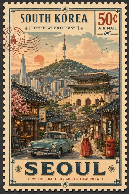Vintage postage stamp travel illustration prompt