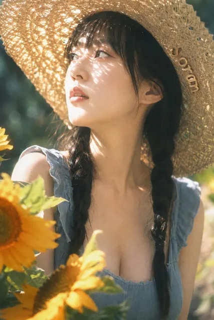 Midsummer girl straw hat sunlight portrait