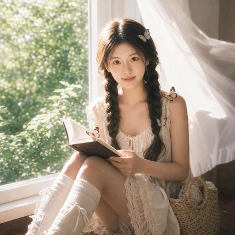 Dreamy film photo girl reading by window with butterflies