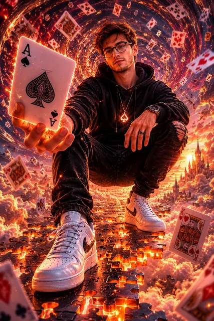 Ultra realistic fantasy portrait young man ace spades clouds