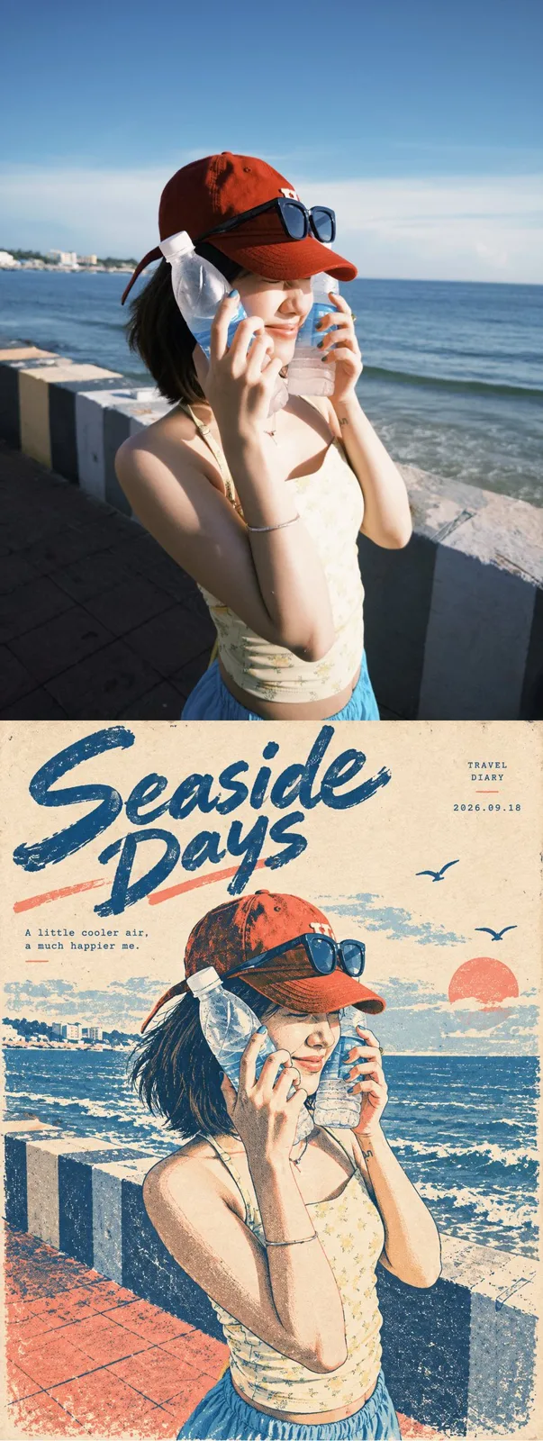 Vintage risograph travel diary poster — Sonra