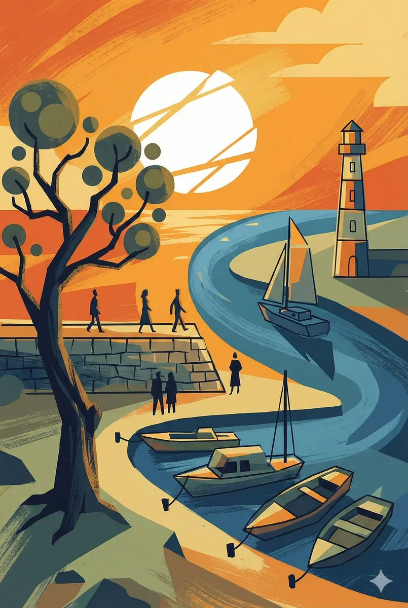 Warm sunlight river lighthouse abstract — After