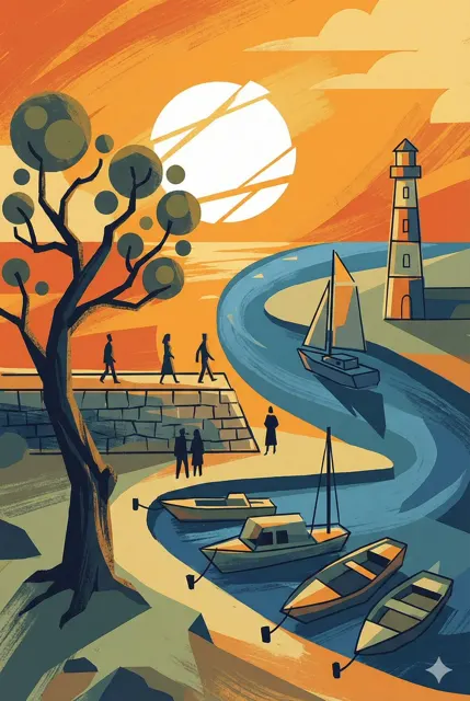 Warm sunlight river lighthouse abstract