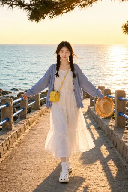 Golden hour seaside girl travel portrait
