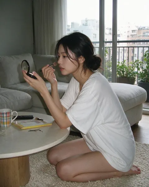 Woman applying makeup candid lifestyle apartment