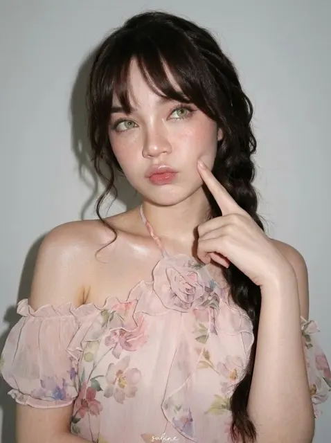 Ultra realistic portrait pink floral chiffon dress