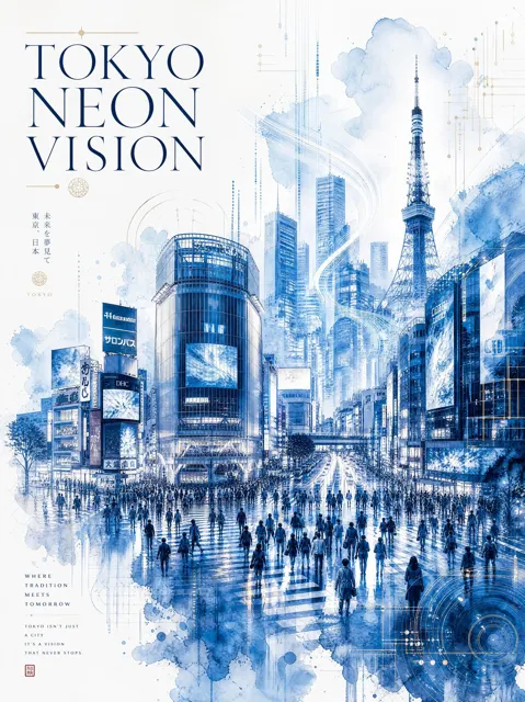 Tokyo neon vision watercolor travel poster