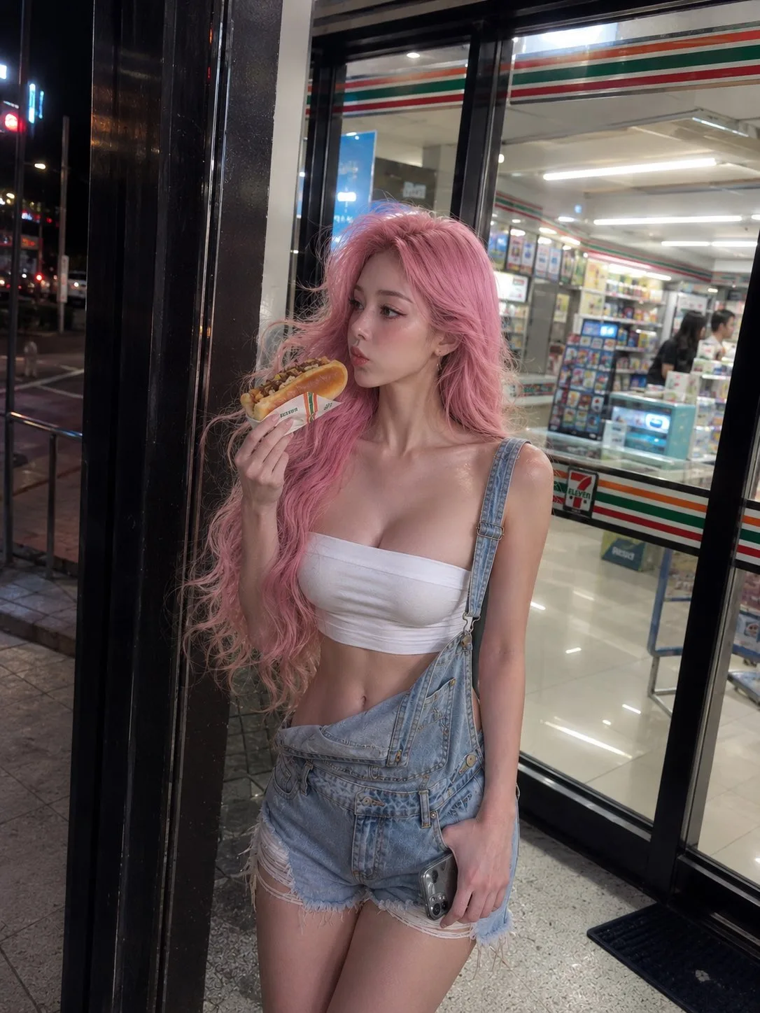 Candid girl eating hotdog 7eleven — After