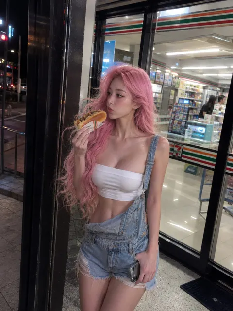 Candid girl eating hotdog 7eleven