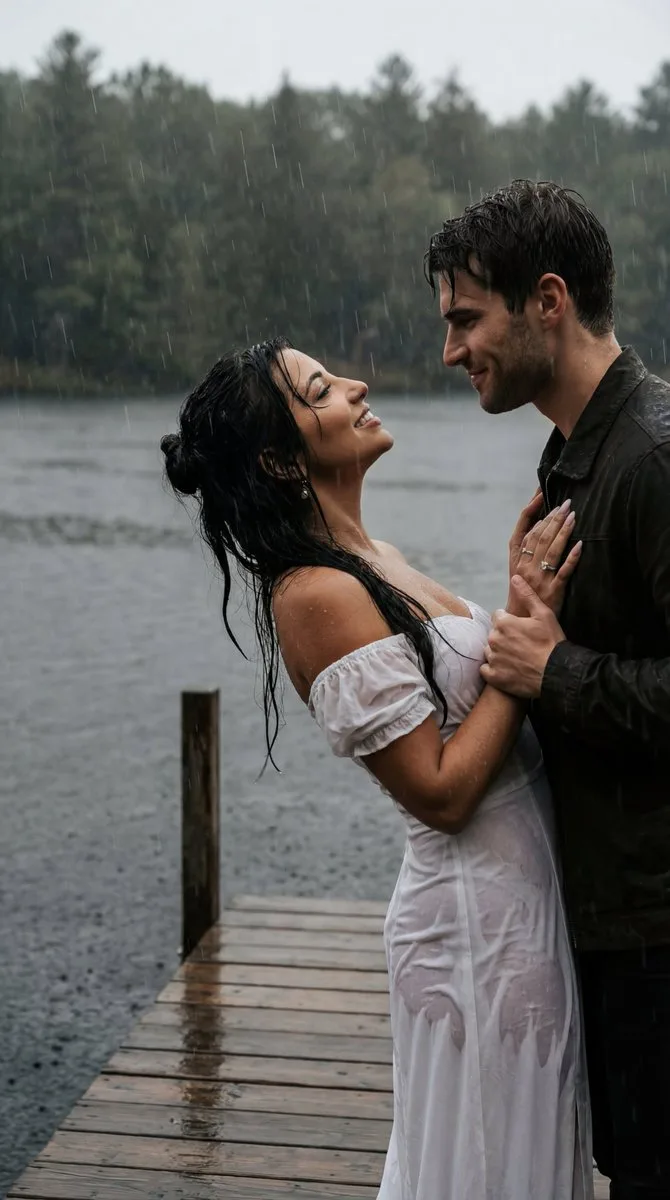 Cinematic rain couple lakeside dock — Sonra