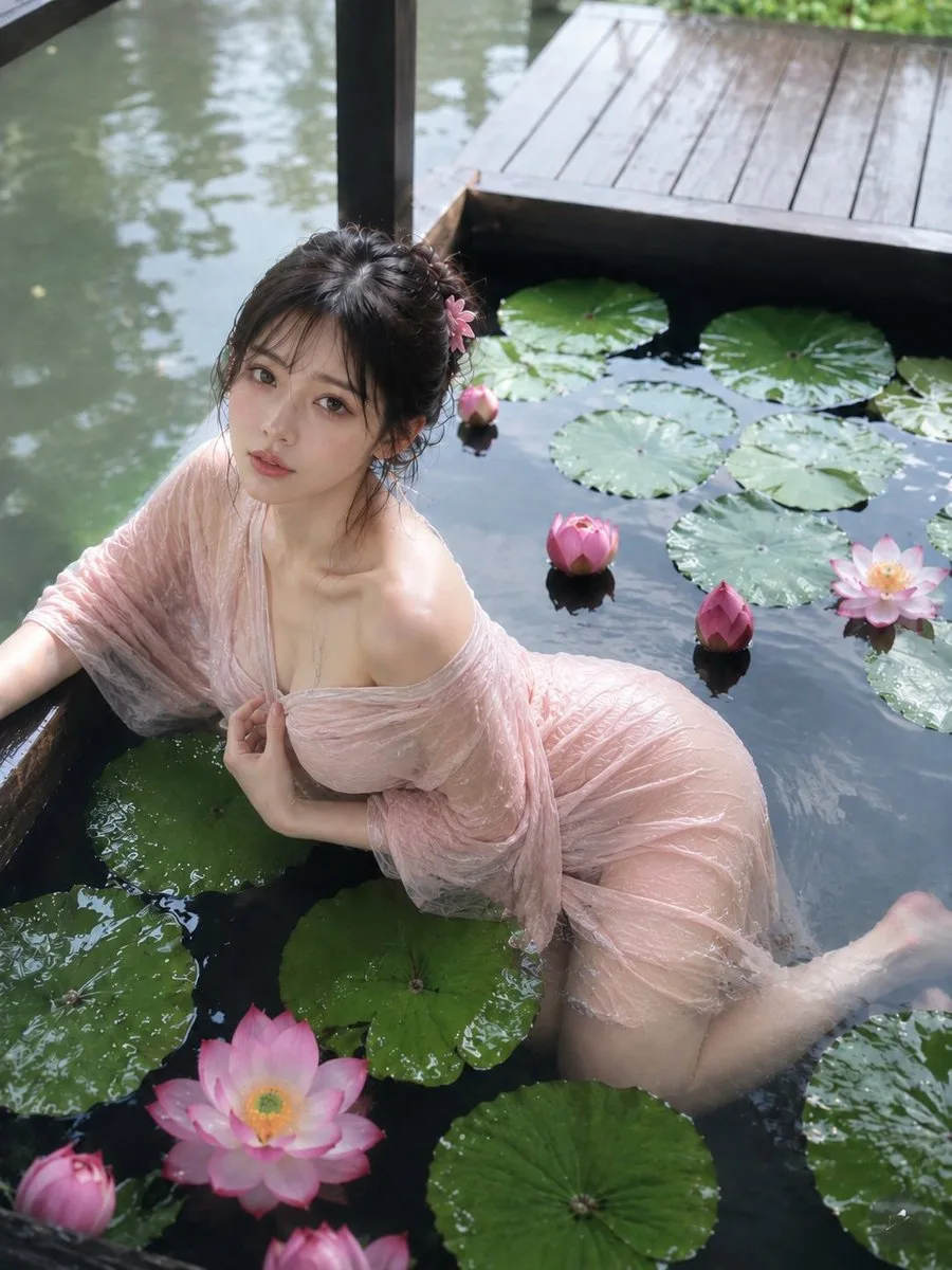 Pale pink lotus shadow serene pond fashion portrait — After